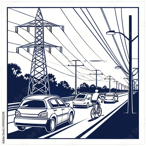 A busy road with cars and a bicycle rider under power lines and streetlights on a highway with a large transmission tower in the background near trees