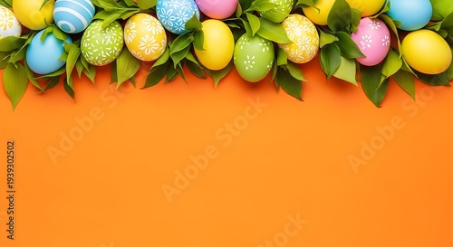 A vibrant display of colorful Easter eggs surrounded by lush green leaves on a bright orange background viewed from directly above