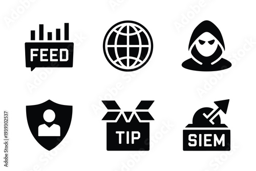 Six black and white representing cybersecurity and data concepts