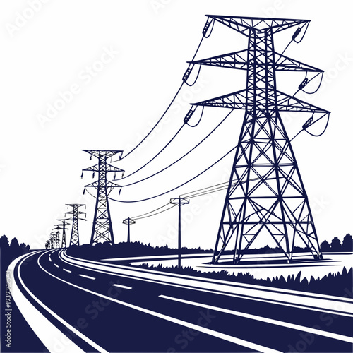 Electric power transmission towers along a highway with multiple lanes and