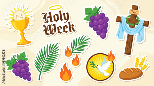 Holy week christian religion flat sticker set with cross chalice and dove