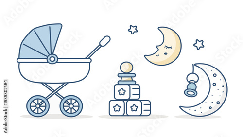Baby nursery essentials with stroller, toys, and moon mobile