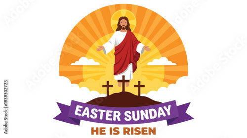 Easter Sunday Jesus Christ resurrection vector illustration with cross and sunrise flat design