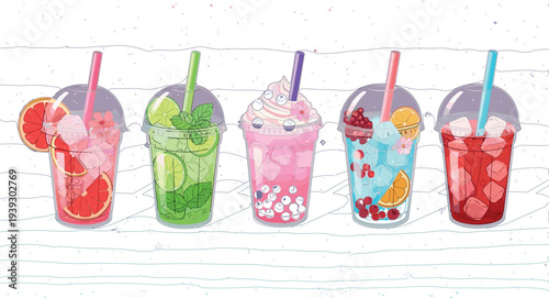 Colorful Summer Fruit Drinks Collection with Ice Cubes Citrus Mint Berries Smoothie and Bubble Tea in Plastic Cups Vector Illustration