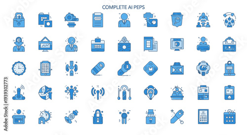 Assortment of blue flat icons for technology, business, and concepts, useful for digital and corporate themes