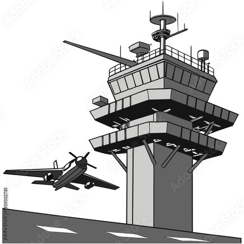 A black and white illustration of an airplane flying near a control tower with radar and communication equipment on top