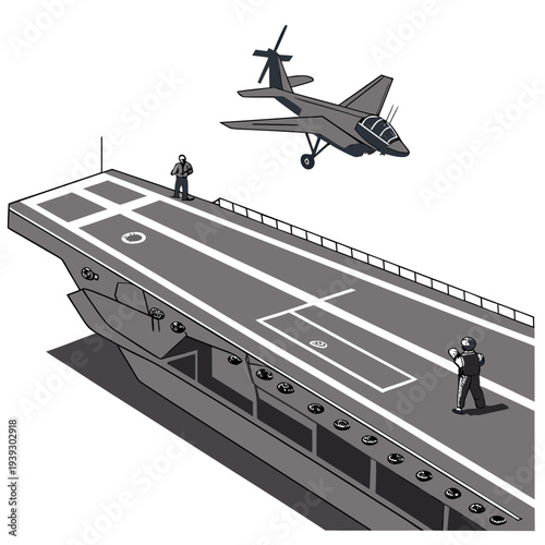 Military aircraft taking off from a naval ship deck with crew members