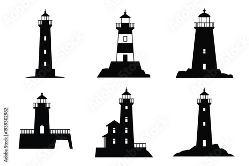 Six black and white silhouette lighthouses on white background