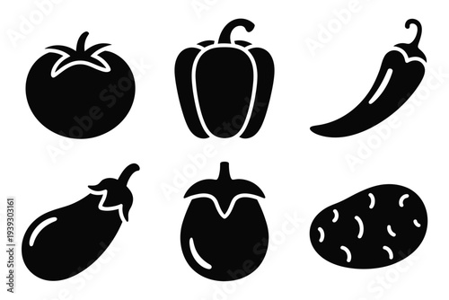 Six black and white vegetable including tomato pepper eggplant and potato