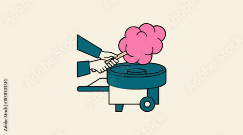 Close up of hands making pink cotton candy on a machine with a simple illustration on a cream background