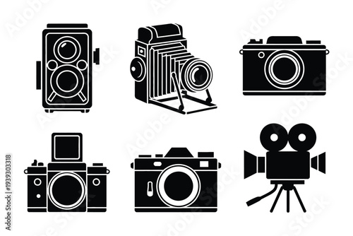 Six black and white vintage cameras and camera set