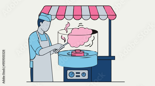 Confectioner prepares pink cotton candy at a striped awning stall with blue machine and white background at a fair