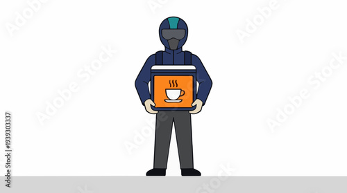 Food Delivery Person Wearing Blue Jacket and Helmet Holding a Box with a Coffee Cup Icon on White Background