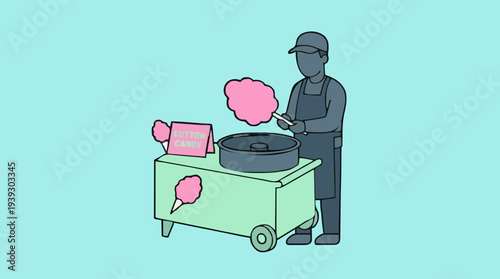Man Making Pink Cotton Candy At A Fairground Cart With Signage On A Light Blue Background