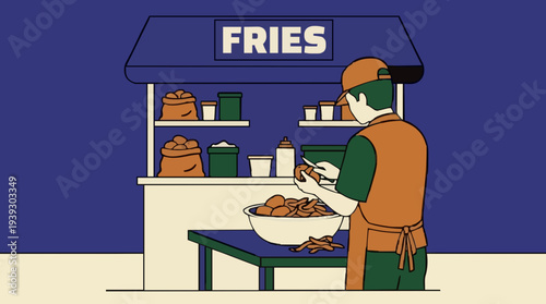 Food Vendor Prepares French Fries at Outdoor Stand with Shelves Stocked in Blue and Tan