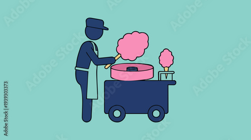 Silhouette Of A Vendor Preparing Pink Cotton Candy At A Cart With Blue Uniform And White Apron Against A Teal Background