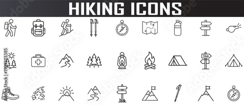 hiking and outdoor adventure icon set, minimal outline camping symbols