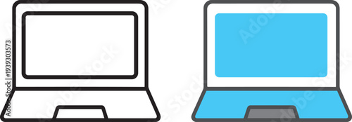 laptop computer icon set, minimal outline and flat technology symbols