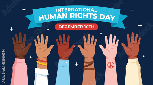 International Human Rights Day raised hands diversity vector illustration flat design