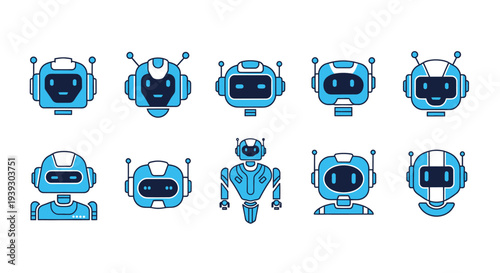 Robot head avatars set, chatbot user interface symbols, artificial intelligence icons, machine learning flat vector