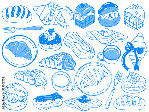 Croissants, eclairs, sweet puff pastry, big set. Vector hand-drawn linear drawing of food in a cafe for breakfast. Sketch illustration icon in Mediterranean blue line retro style for menu design.