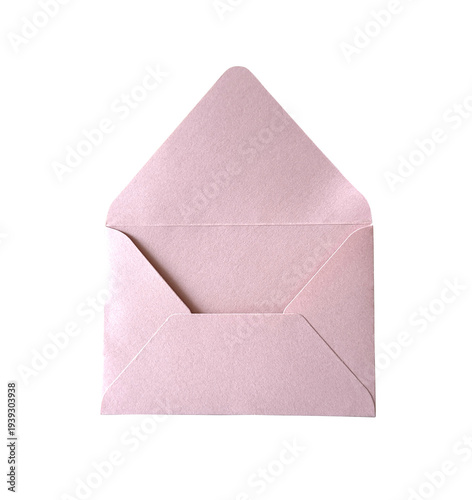 Open empty pink paper envelope isolated on white background. Minimalist stationery mockup for wedding invitations, greeting cards, and romantic letters. Top view, clean elegant design