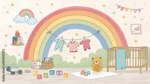 Colorful nursery with rainbow and toys for happy baby