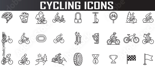 cycling and bicycle icon set, minimal outline outdoor sports symbols