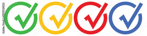 Set of Four Colorful Checkmark Icons in Green Yellow Red and Blue Circles for Success Approval Progress and Task Completion Concepts.