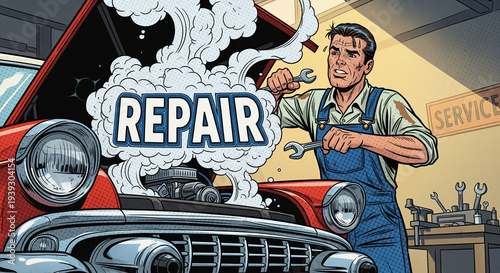 Mechanic repairing a smoking vintage car engine in a garage.