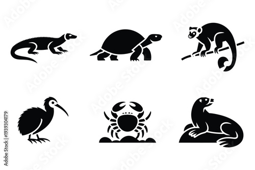 Six black silhouette animals including lizard turtle monkey bird crab and otter