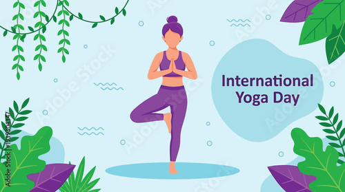 Woman practicing yoga on International Yoga Day flat design vector illustration