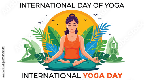 Woman meditating yoga pose International Yoga Day celebration flat design vector illustration