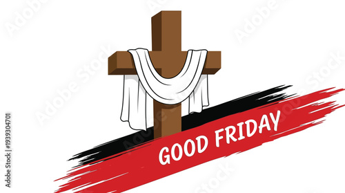 Good Friday Flat Vector Banner with Wooden Cross and White Cloth