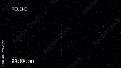 Retro VHS Rewind Screen with Analog Glitch Static and Timecode Overlay 4k video animation seamless loop