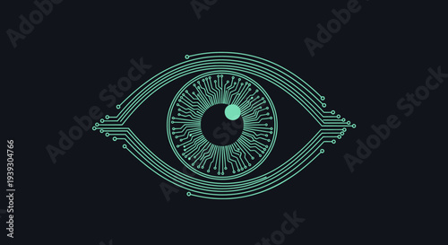 Circuit board eye symbol representing digital vision, artificial intelligence, and electronic data processing