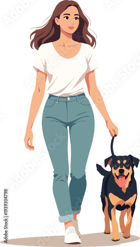 donna mentre porta a passeggio il cane vettoriale