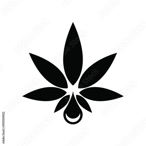 Black Stylized Cannabis Marijuana Leaf Logo with CBD Oil Drop and Crescent Moon Icon