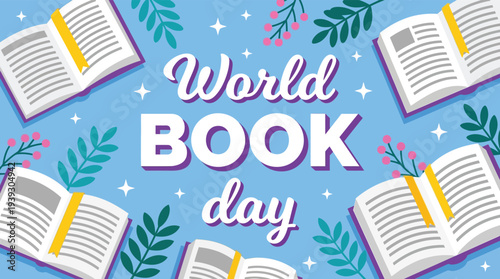World Book Day Flat Vector Banner with Flying Open Books and Leaves