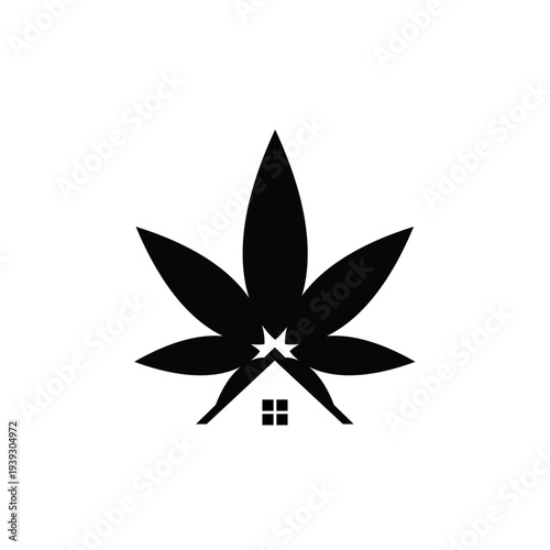Cannabis Leaf House Logo with Star Icon Vector Design