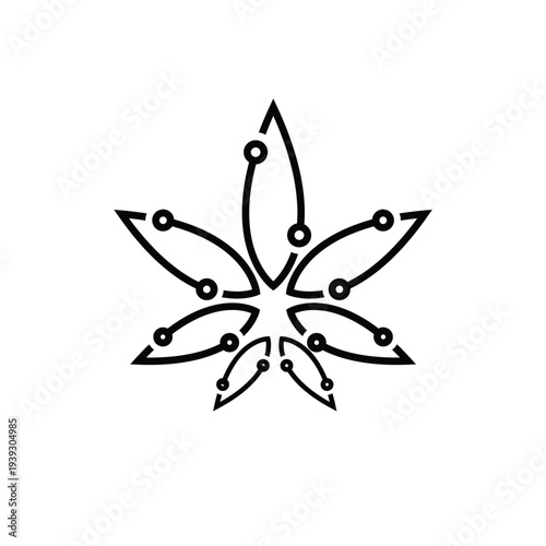 Technological Cannabis Leaf Logo with Network Connections and Circuitry Design
