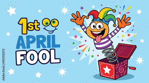 First April Fools Day Flat Vector Banner with Jack In The Box Clown