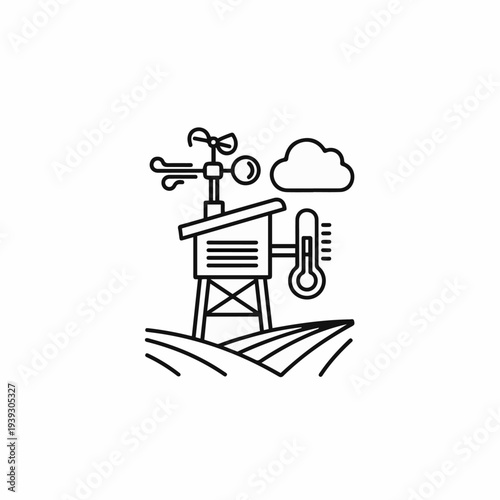 Weather station icons display the instruments used to measure weather conditions, such as the wind vane, thermometer, and cloud.