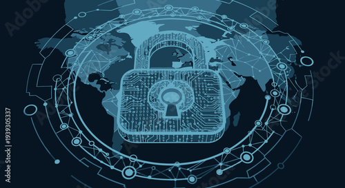 Cyber security padlock icon over a world map, symbolizing global data protection and secure networks