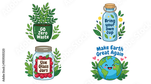 Zero Waste and Eco Friendly Lifestyle Flat Vector Sticker Set