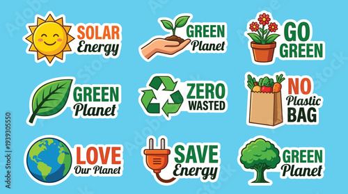 Green Planet and Alternative Energy Flat Vector Badge Collection