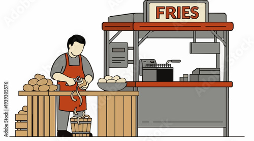 Man Preparing Potatoes At A French Fry Stand With Signage Reading Fries And A Deep Fryer Visible