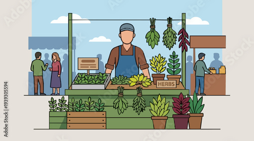 Market stall vendor displays fresh herbs and plants under a clear blue sky with fluffy clouds.