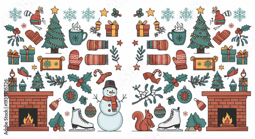 Christmas decorations snowman fireplace winter scene.