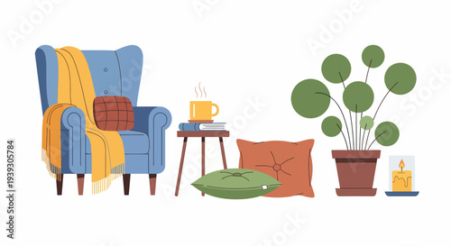 Blue Armchair with Pillow and Blanket.